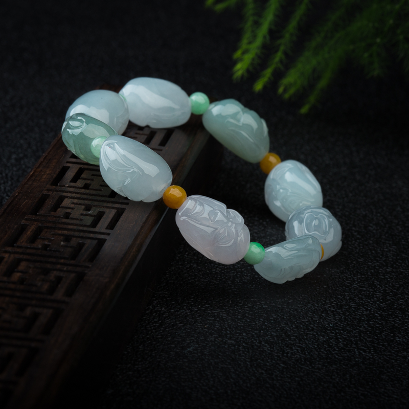 天然糯冰种翡翠脸谱单圈手串-红掌柜