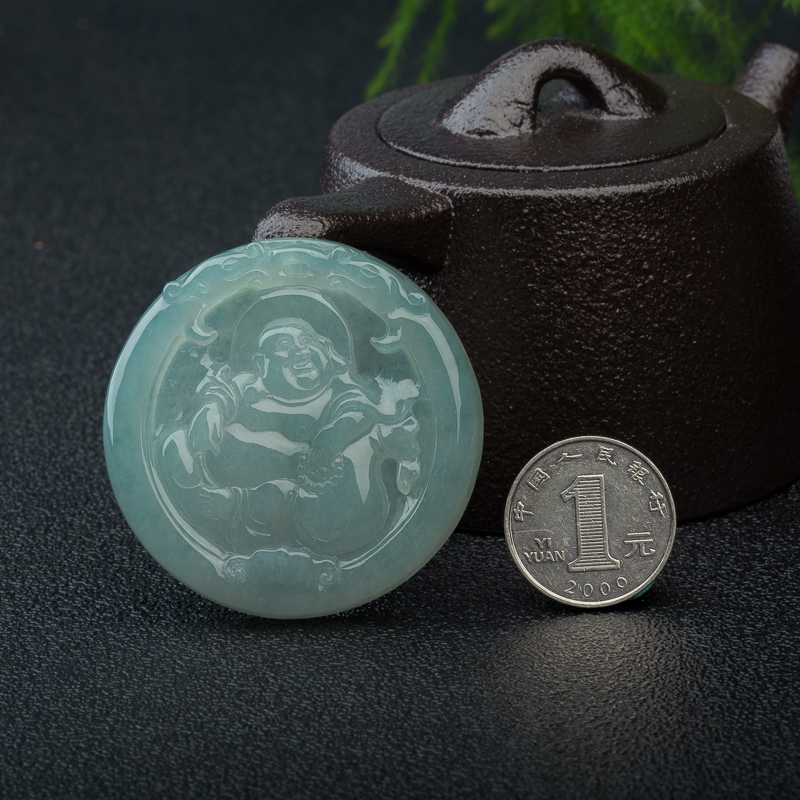 糯冰种淡晴水弥勒佛吊坠-红掌柜