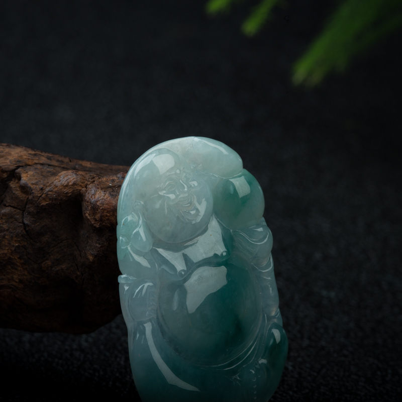 天然糯冰种飘花翡翠弥勒佛吊坠-红掌柜