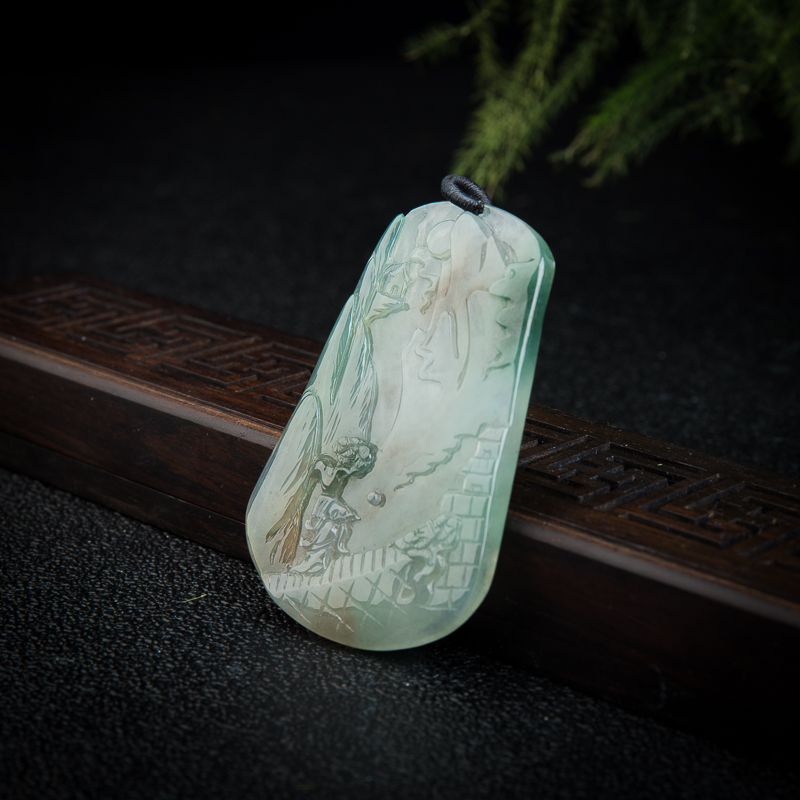 缅甸糯冰种俏色翡翠山水牌吊坠-红掌柜