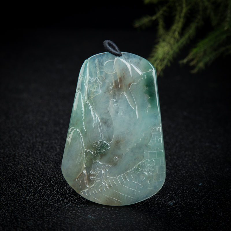 缅甸天然糯冰种翡翠山水牌吊坠-红掌柜