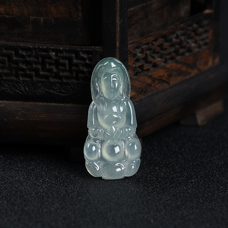 糯冰种灰绿翡翠观音吊坠-红掌柜