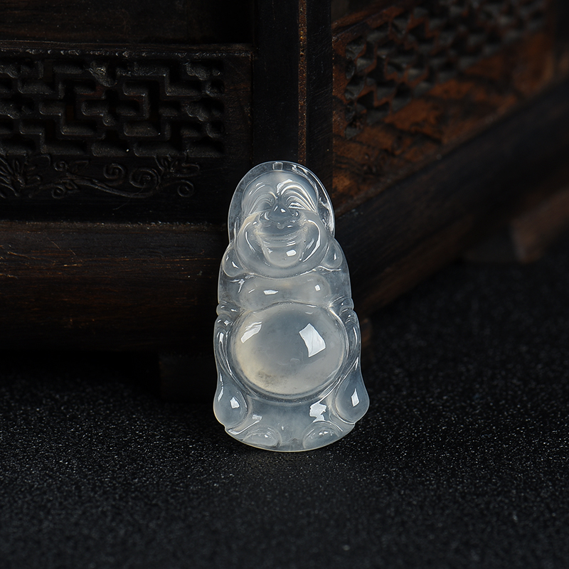 糯冰种白色翡翠弥勒佛吊坠-红掌柜