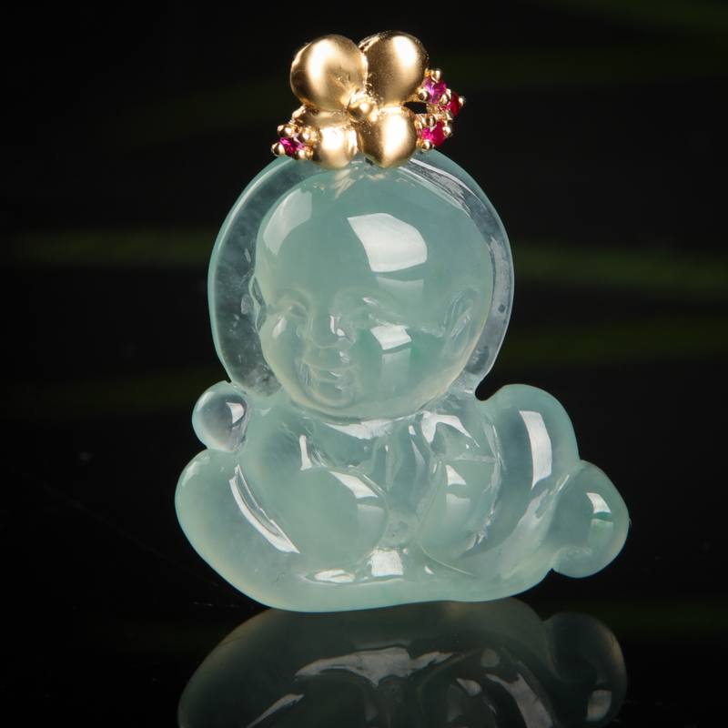 缅甸糯冰种晴水翡翠小沙弥吊坠-红掌柜
