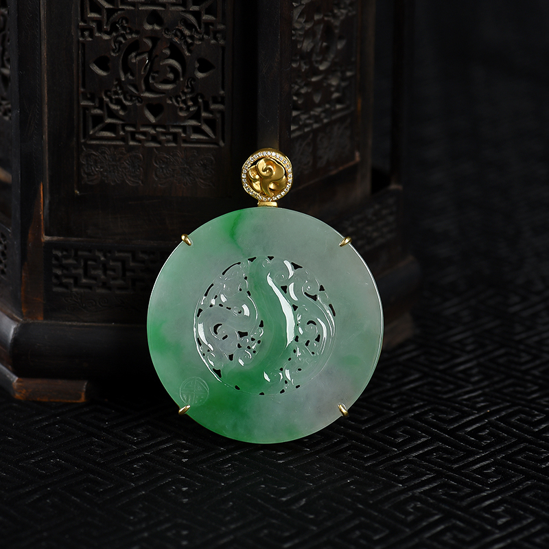 缅甸天然糯种飘翠翡翠龙凤呈祥吊坠-红掌柜