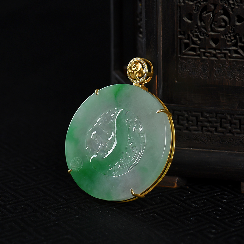 缅甸糯种飘翠翡翠龙凤呈祥吊坠-红掌柜