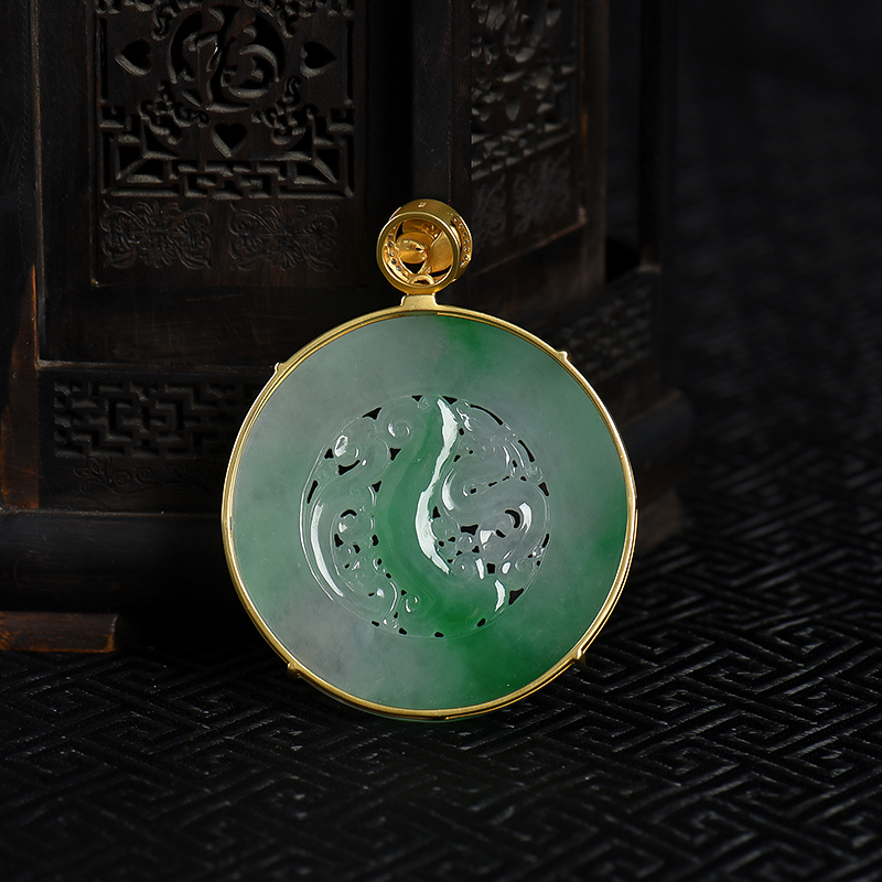 缅甸天然飘翠翡翠龙凤呈祥吊坠-红掌柜