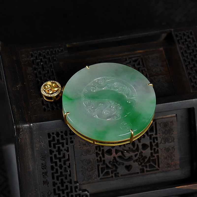 缅甸天然糯种翡翠龙凤呈祥吊坠-红掌柜