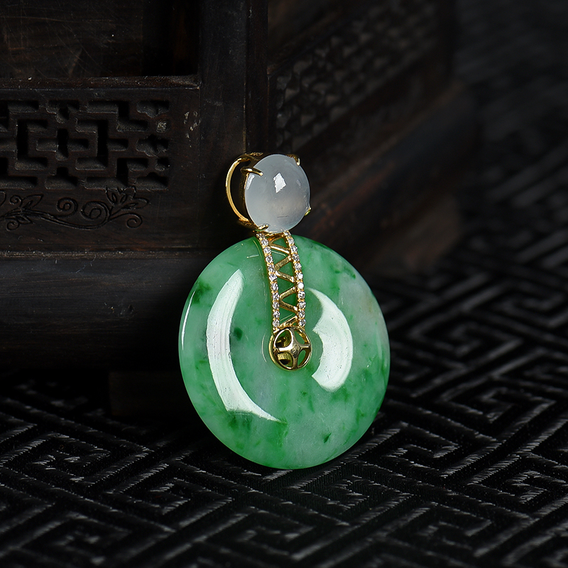 天然豆种飘翠翡翠平安扣吊坠-红掌柜