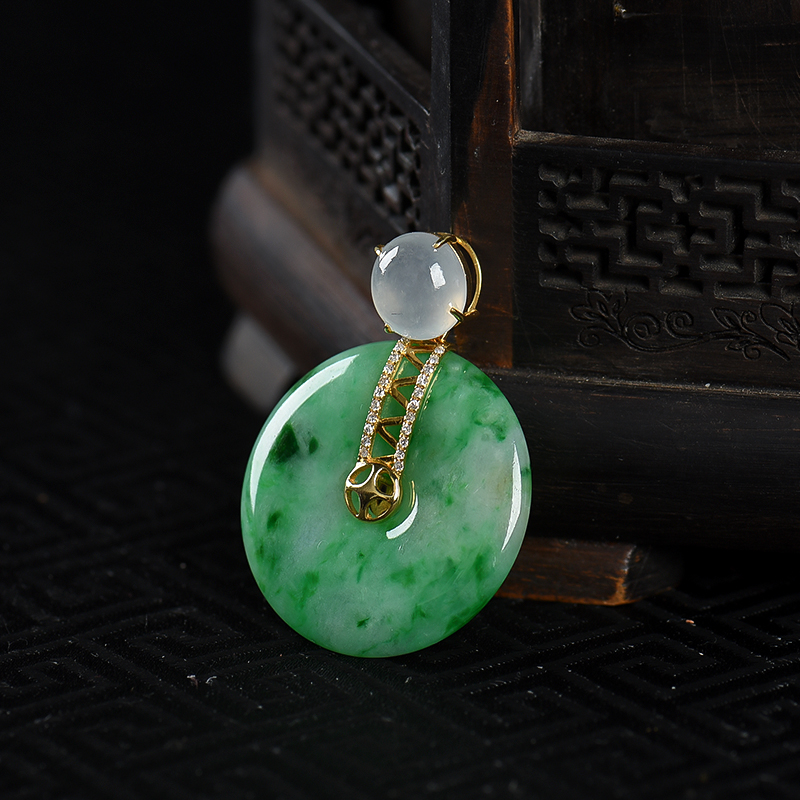 缅甸豆种飘翠翡翠平安扣吊坠-红掌柜