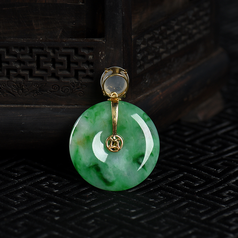 缅甸天然飘翠翡翠平安扣吊坠-红掌柜