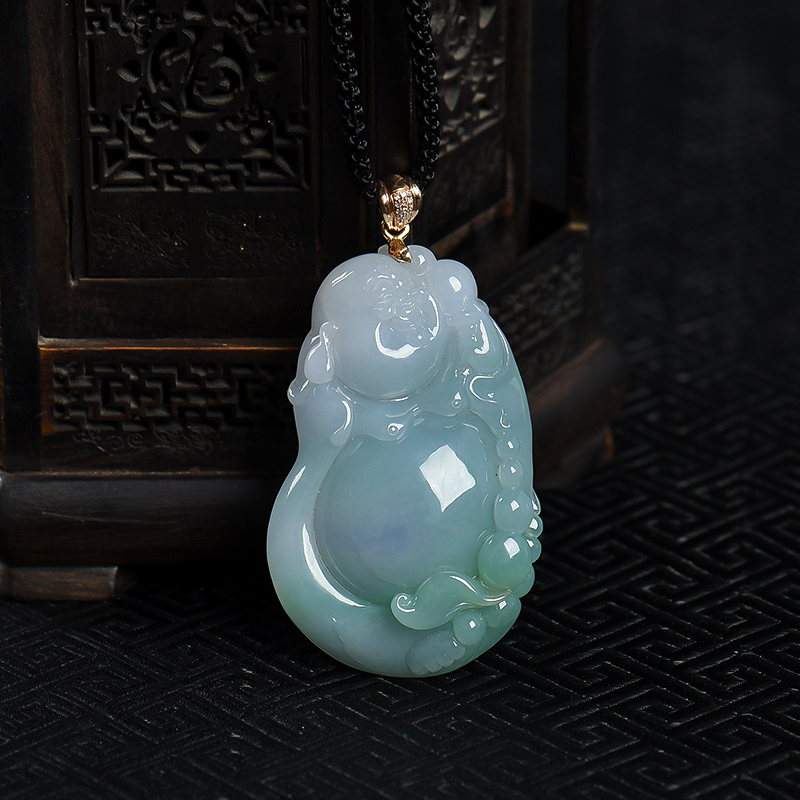 缅甸天然糯种春带彩翡翠弥勒佛吊坠-红掌柜