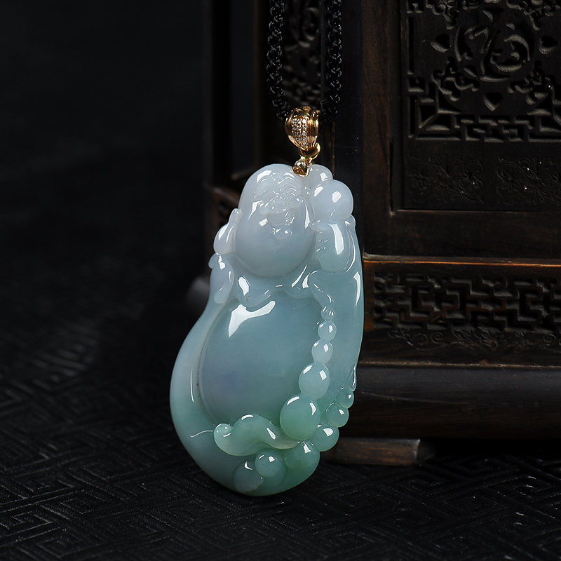 缅甸糯种春带彩翡翠弥勒佛吊坠-红掌柜