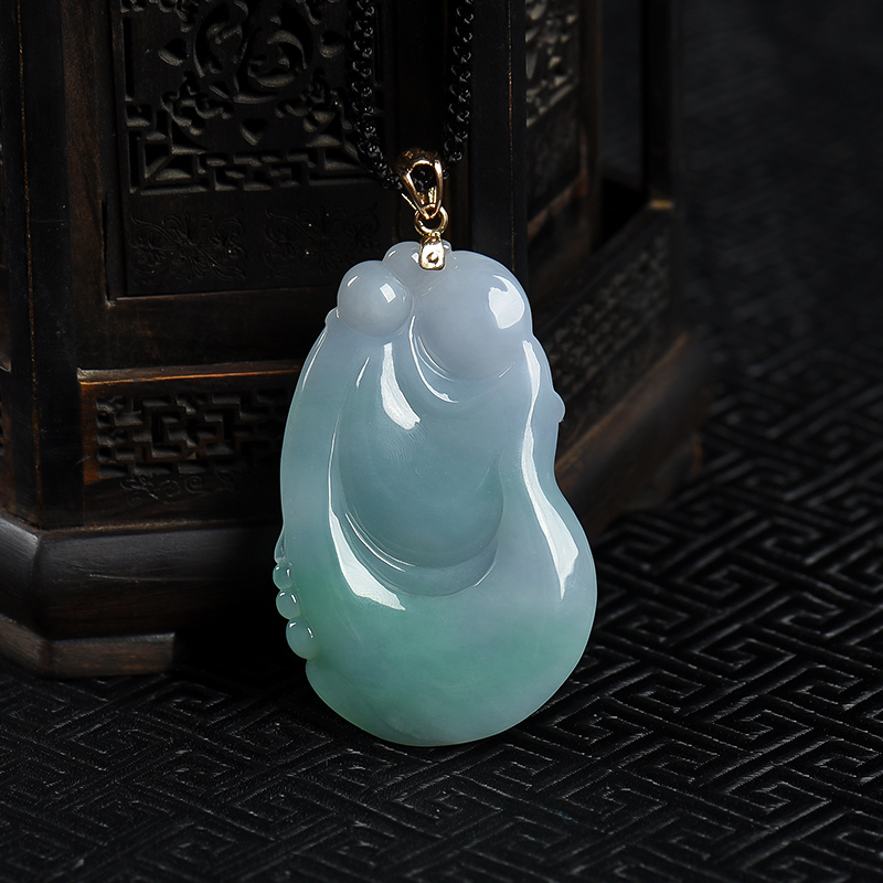 缅甸天然春带彩翡翠弥勒佛吊坠-红掌柜