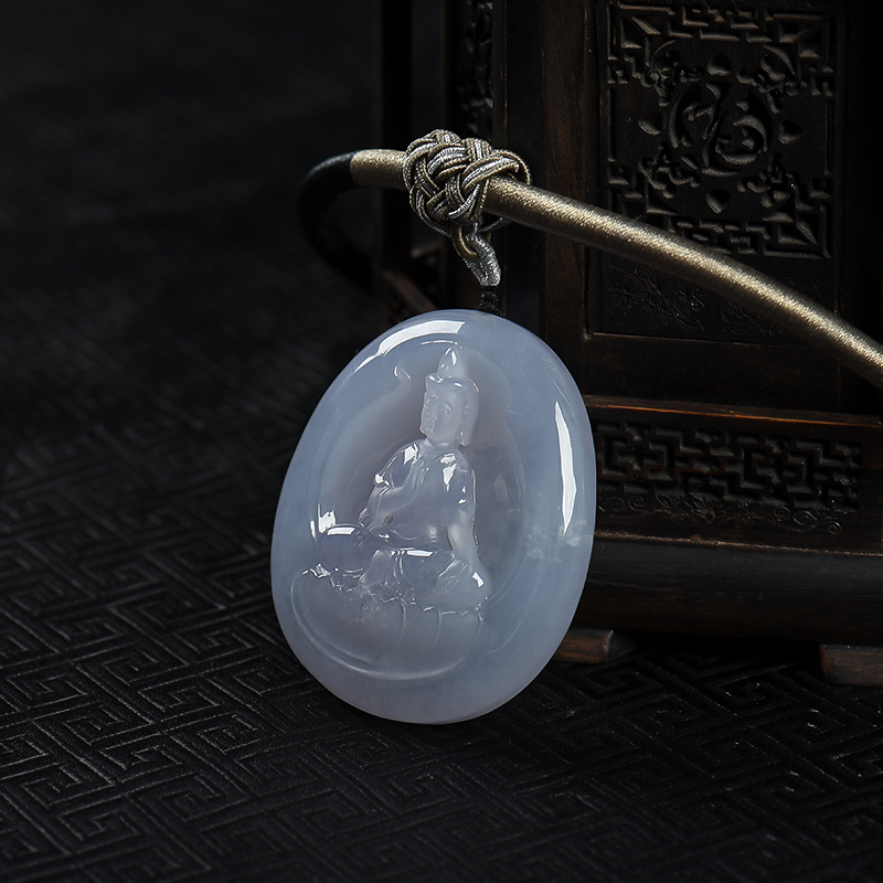 缅甸糯冰浅紫色翡翠观音吊坠-红掌柜