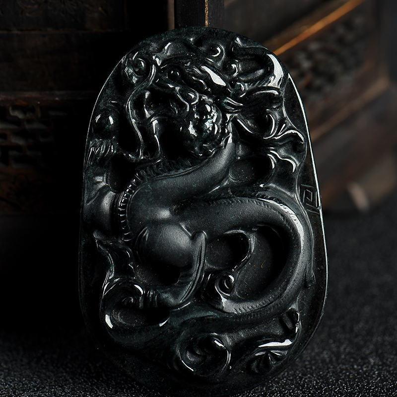 天然墨翠翡翠辰龙吊坠-红掌柜