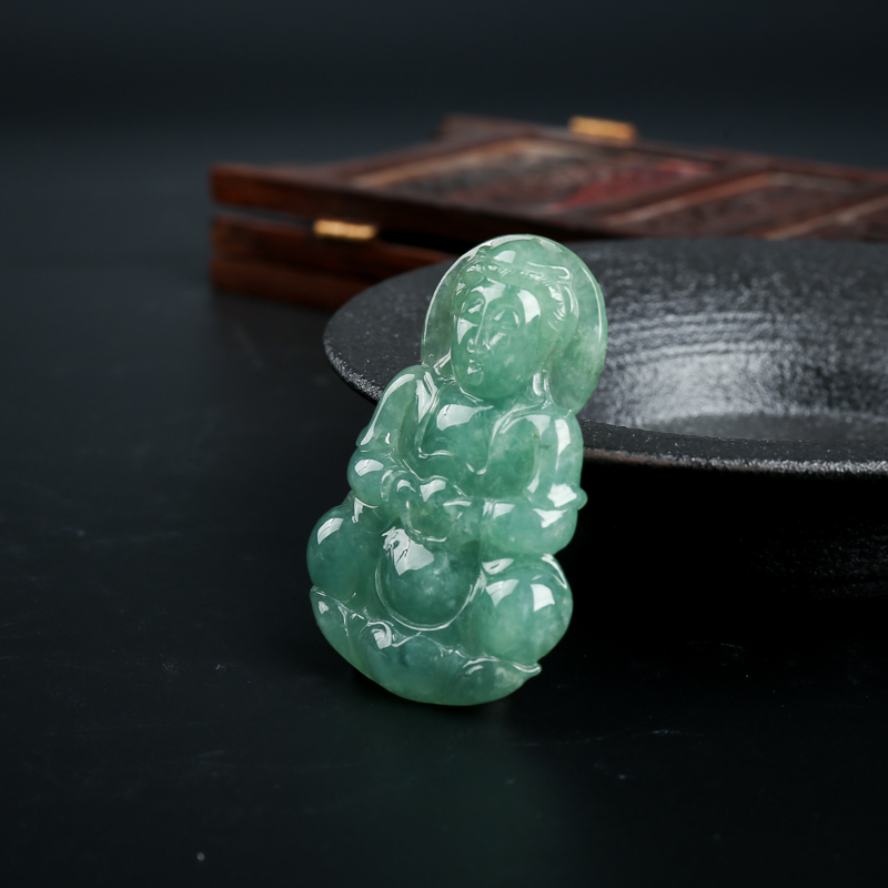 糯冰种缅甸翡翠观音吊坠-红掌柜
