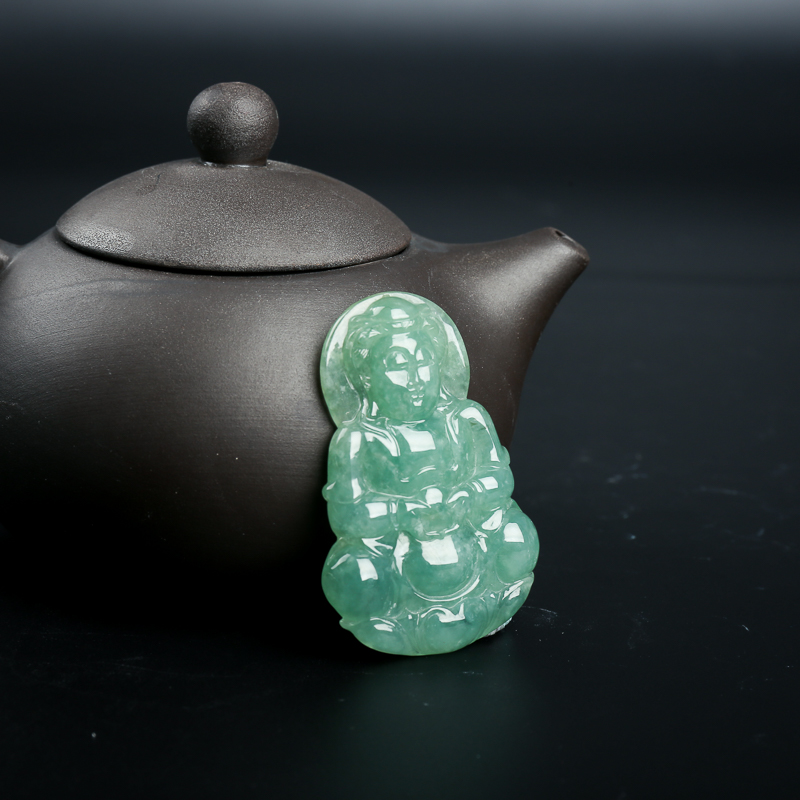 天然糯冰种灰绿翡翠观音吊坠-红掌柜