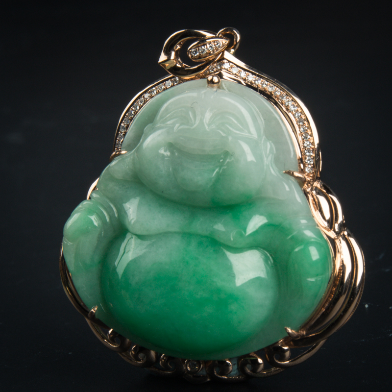 天然豆种飘翠翡翠弥勒佛吊坠-红掌柜