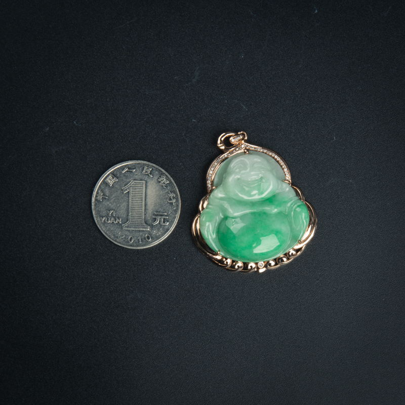 18K豆种飘翠翡翠弥勒佛吊坠-红掌柜