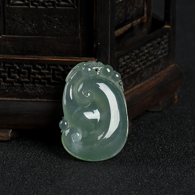 缅甸天然糯冰种深绿翡翠如意吊坠-红掌柜