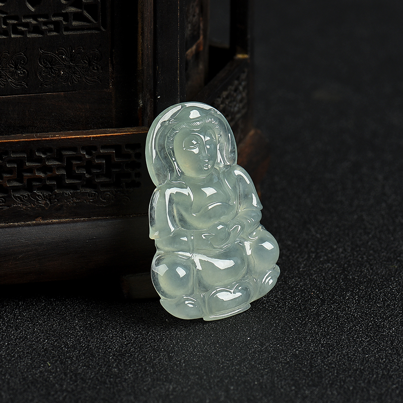 天然糯冰种浅绿翡翠观音吊坠-红掌柜