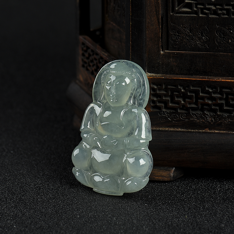 缅甸糯冰种浅绿翡翠观音吊坠-红掌柜