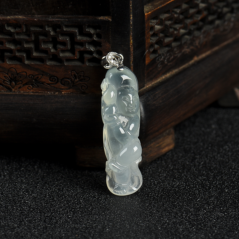 天然糯冰种浅绿翡翠招财童子吊坠-红掌柜