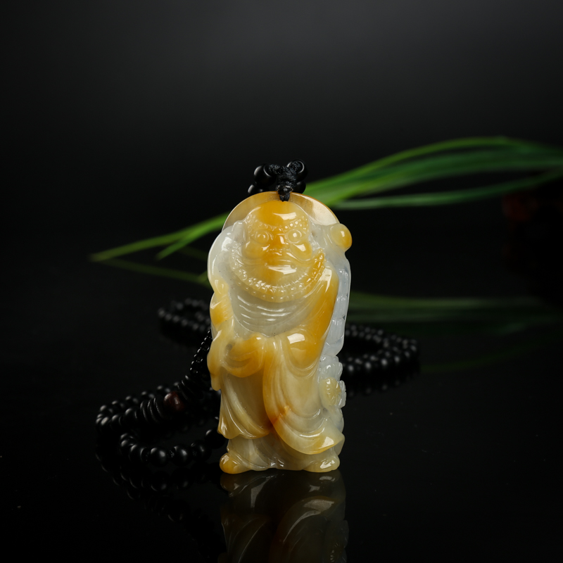 糯种俏色黄翡达摩吊坠-红掌柜