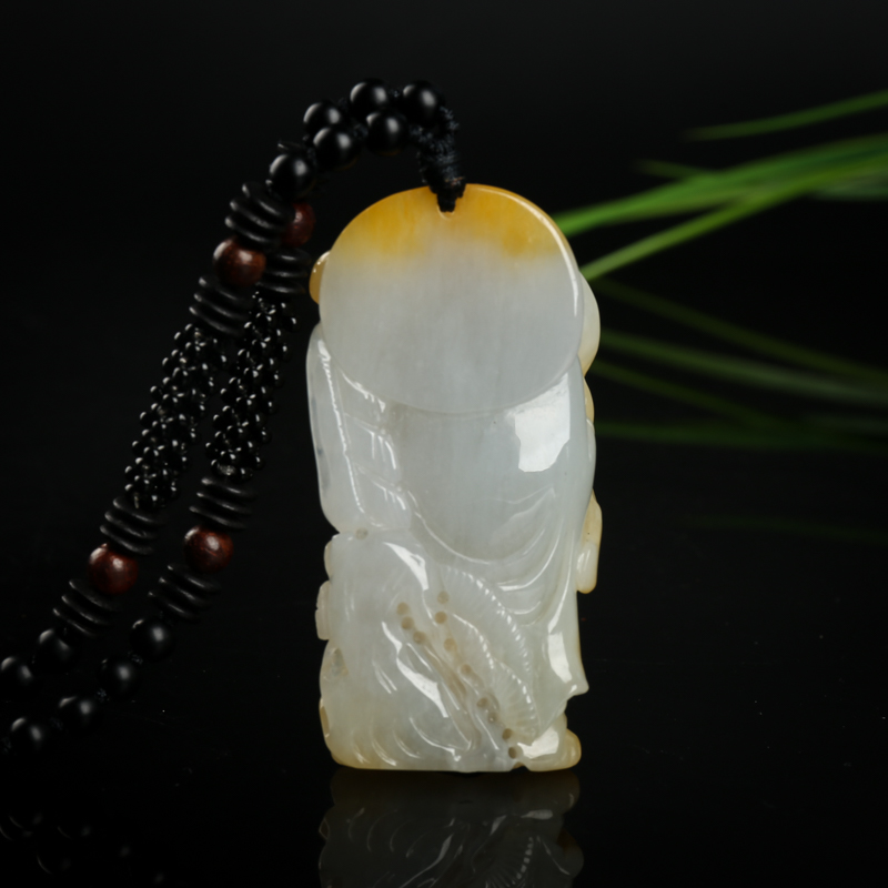 糯种俏色黄翡达摩吊坠-红掌柜