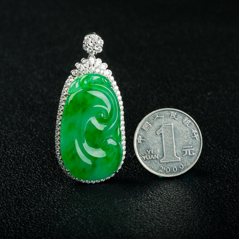 18K天然缅甸糯冰种飘翠翡翠如意吊坠-红掌柜