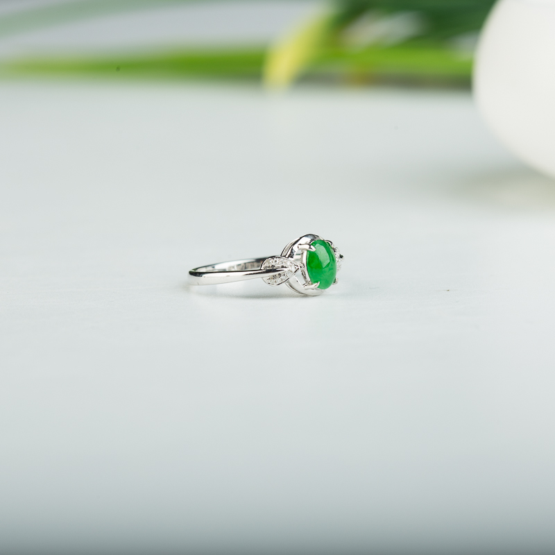 缅甸糯冰种翠绿翡翠戒指-红掌柜