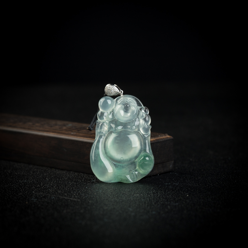 缅甸天然冰种飘花翡翠弥勒佛吊坠-红掌柜