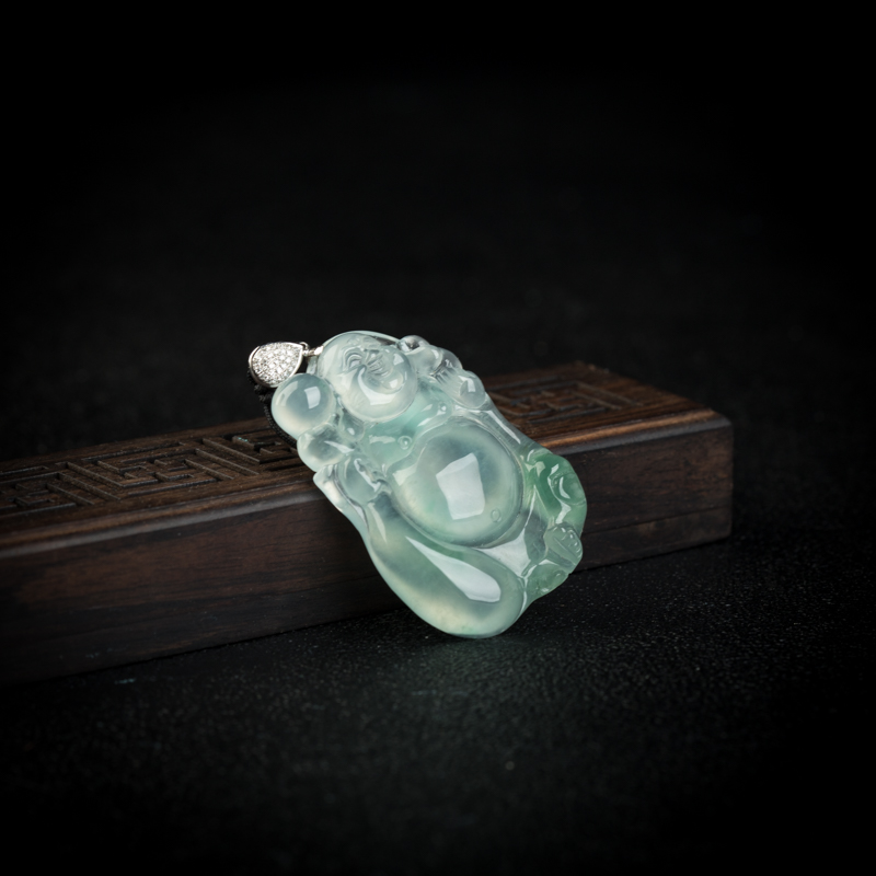缅甸天然飘花翡翠弥勒佛吊坠-红掌柜