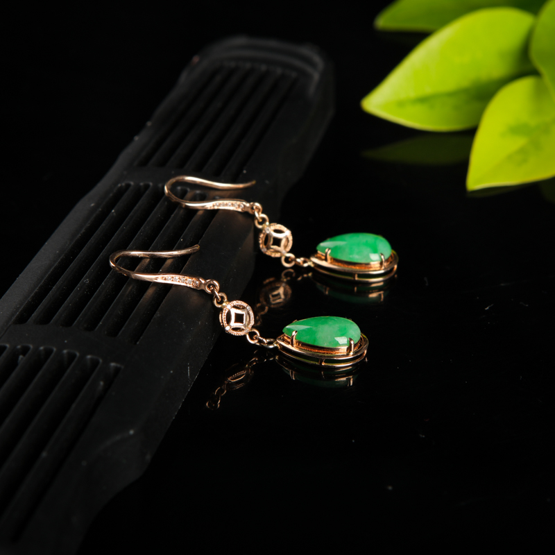 天然豆种豆绿翡翠耳坠-红掌柜