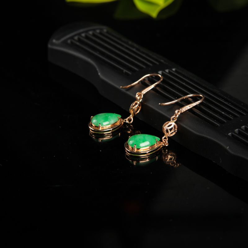 缅甸豆种豆绿翡翠耳坠-红掌柜
