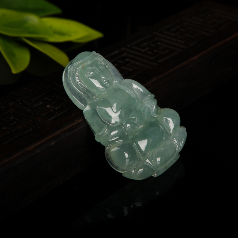 天然油青种灰绿翡翠观音吊坠-红掌柜
