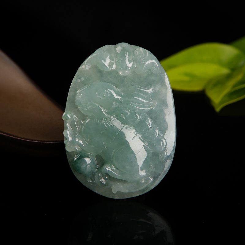缅甸天然油青种飘花翡翠卯兔吊坠-红掌柜