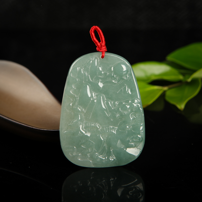 缅甸天然油青种灰绿翡翠山水牌吊坠-红掌柜