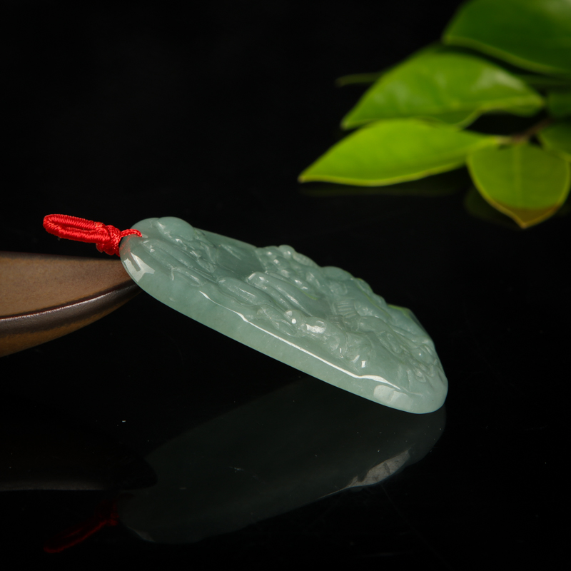 缅甸天然油青种翡翠山水牌吊坠-红掌柜