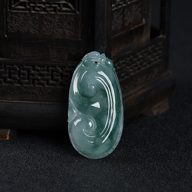 缅甸天然糯种飘花翡翠如意吊坠-红掌柜