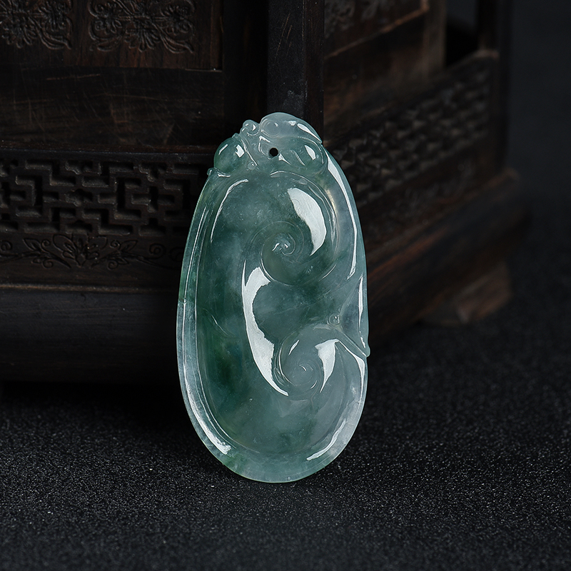 缅甸天然飘花翡翠如意吊坠-红掌柜