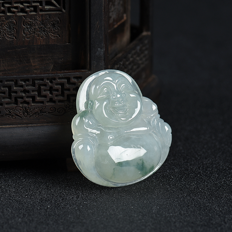 飘花翡翠弥勒佛吊坠-红掌柜