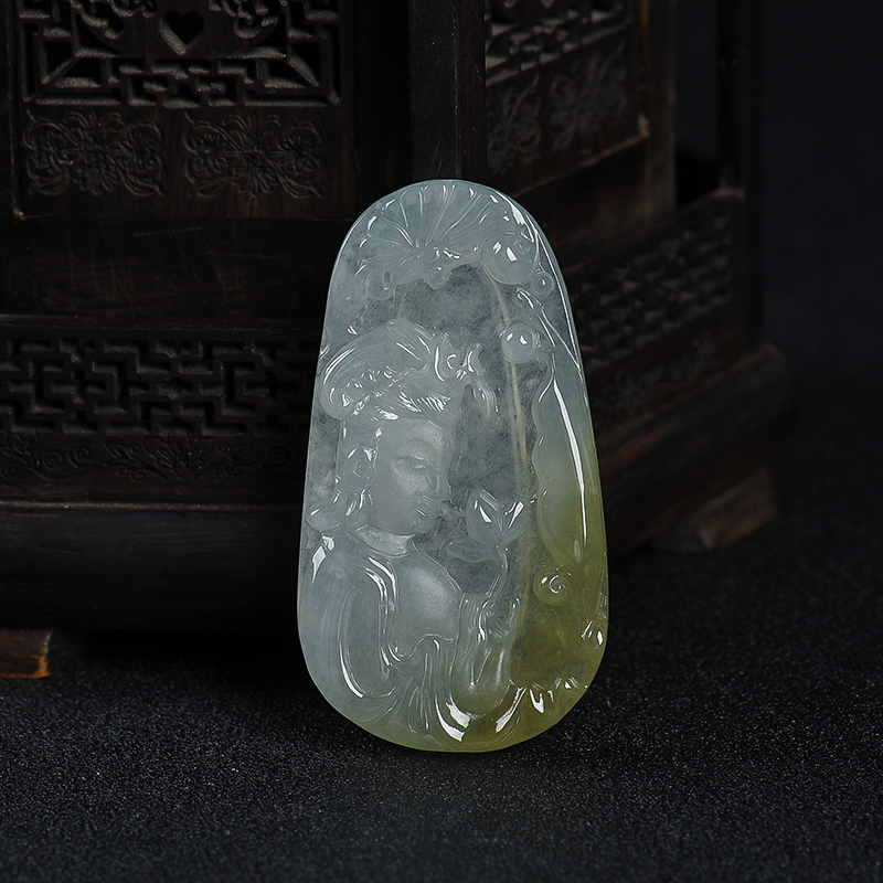 缅甸天然糯冰种俏色翡翠观音吊坠-红掌柜