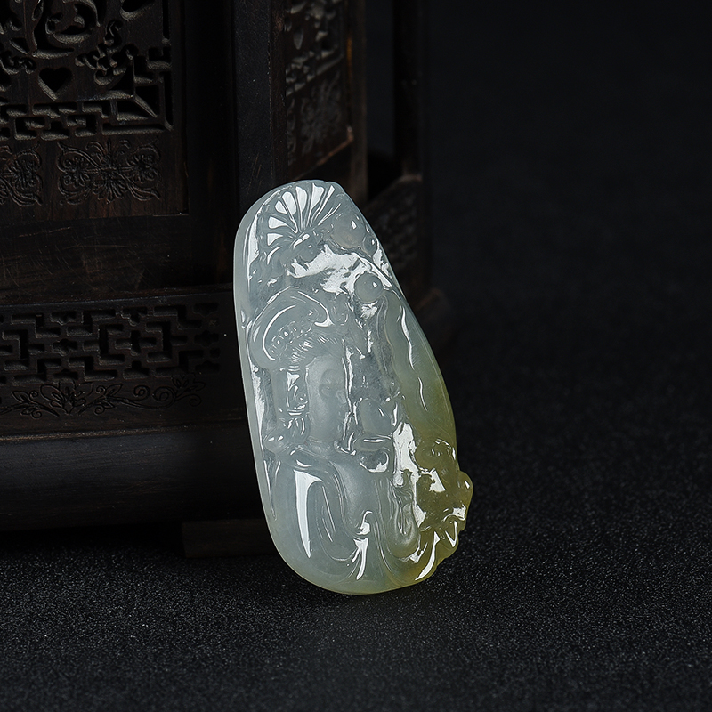 天然糯冰种俏色翡翠观音吊坠-红掌柜