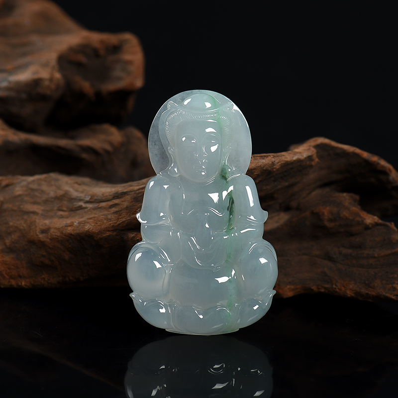 缅甸天然糯种飘花翡翠观音吊坠-红掌柜