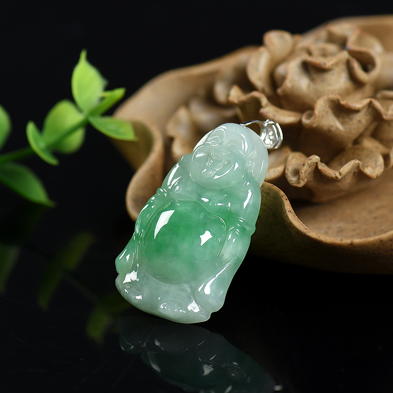 银镶天然豆种飘翠翡翠佛吊坠-红掌柜