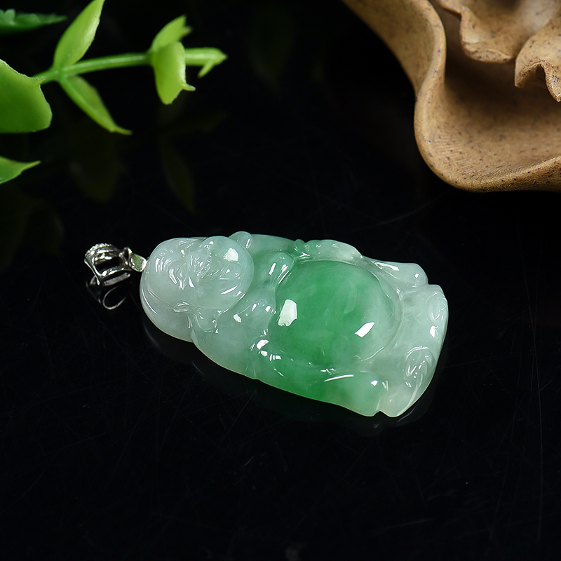 银镶缅甸天然飘翠翡翠佛吊坠-红掌柜