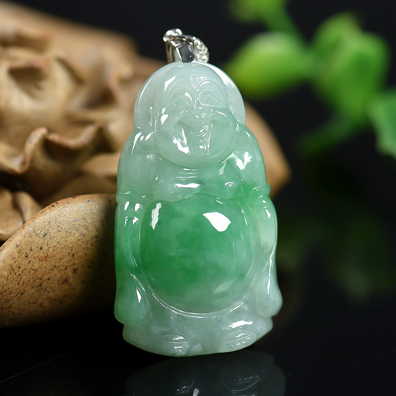 银镶缅甸天然豆种翡翠佛吊坠-红掌柜