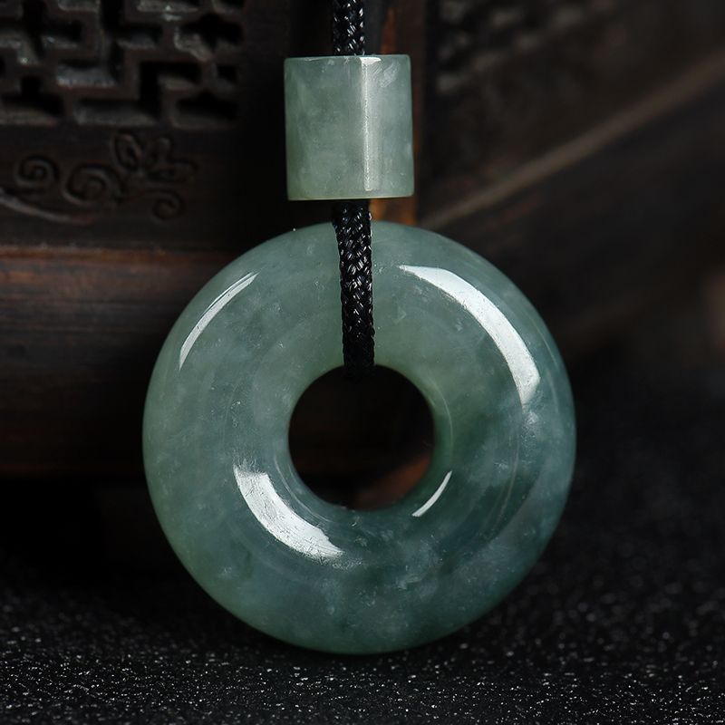 天然豆种灰绿翡翠平安扣吊坠-红掌柜